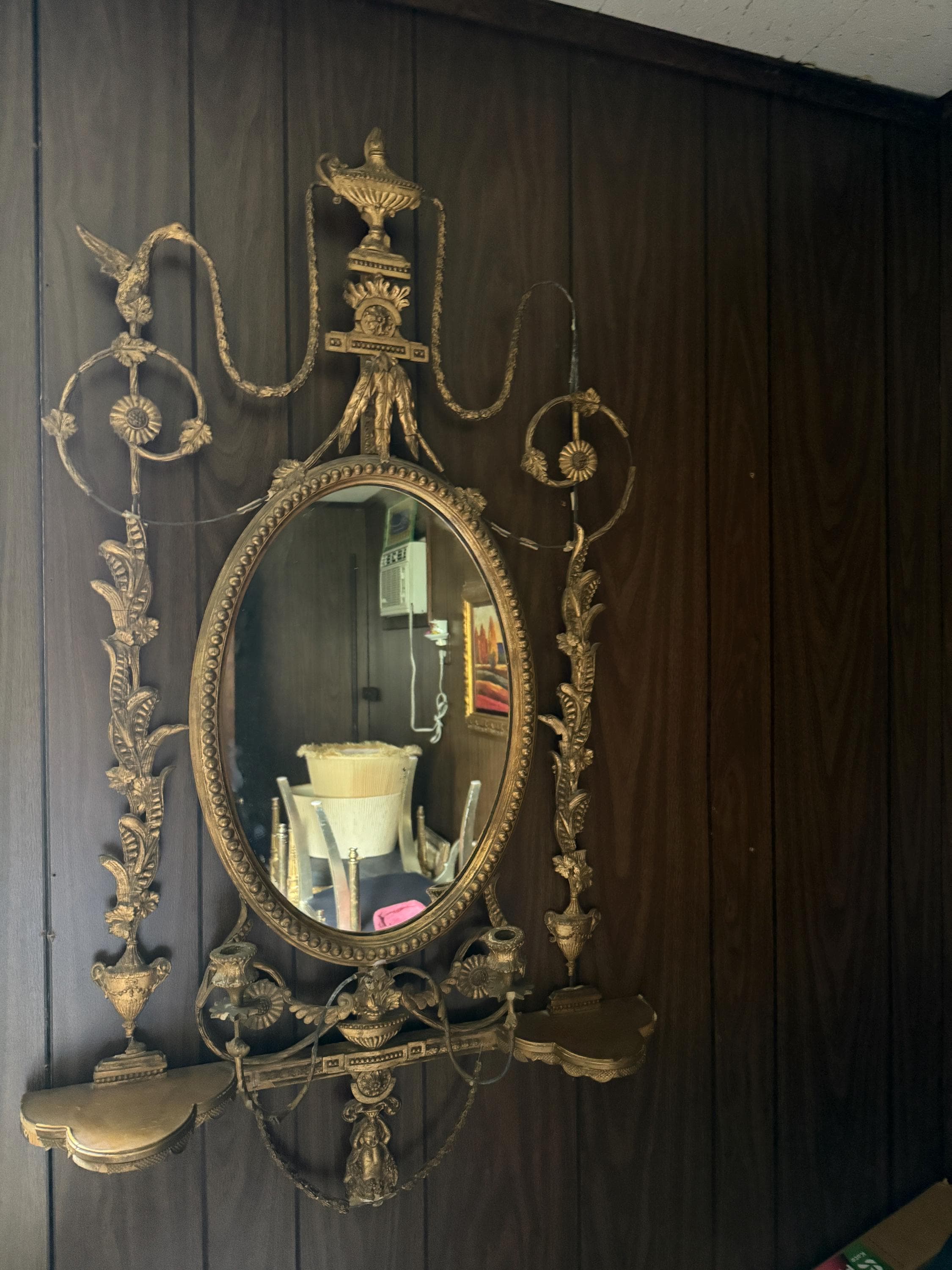 Antique French Wall Mirror 19th Century Oval Gilt Floral Wood Neoclassical Design Urn Garland Carvings Two Candle Shelves Luxurious Mirror