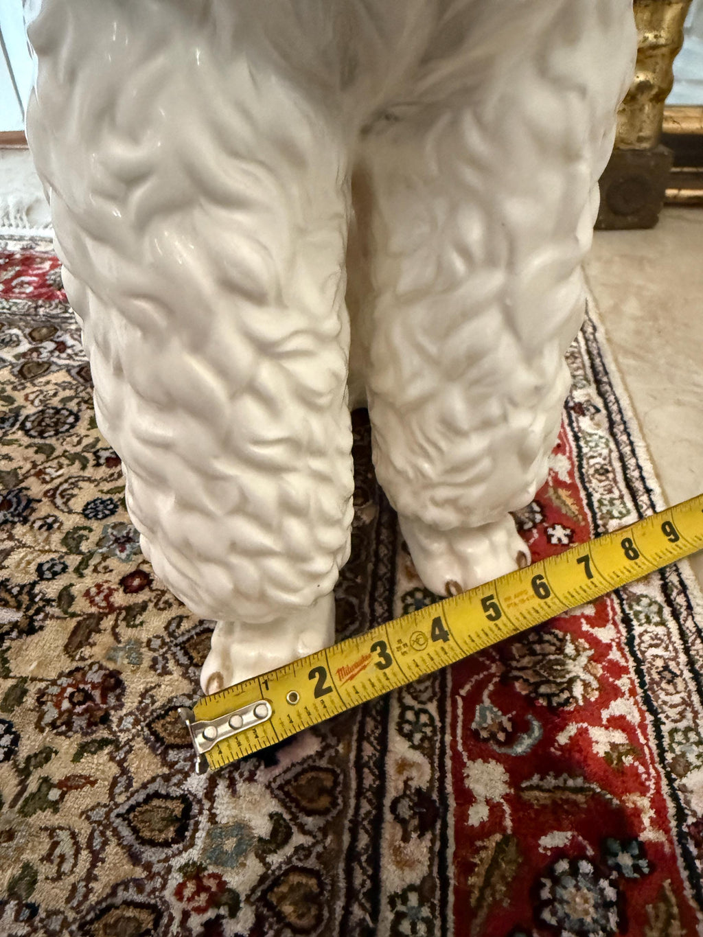 Vintage White Dog Statue Mid Century Hand Painted Ceramic J Schwart Signed Porcelain Poodle Dog Ceramic Statue with Brown Collar DFigurine