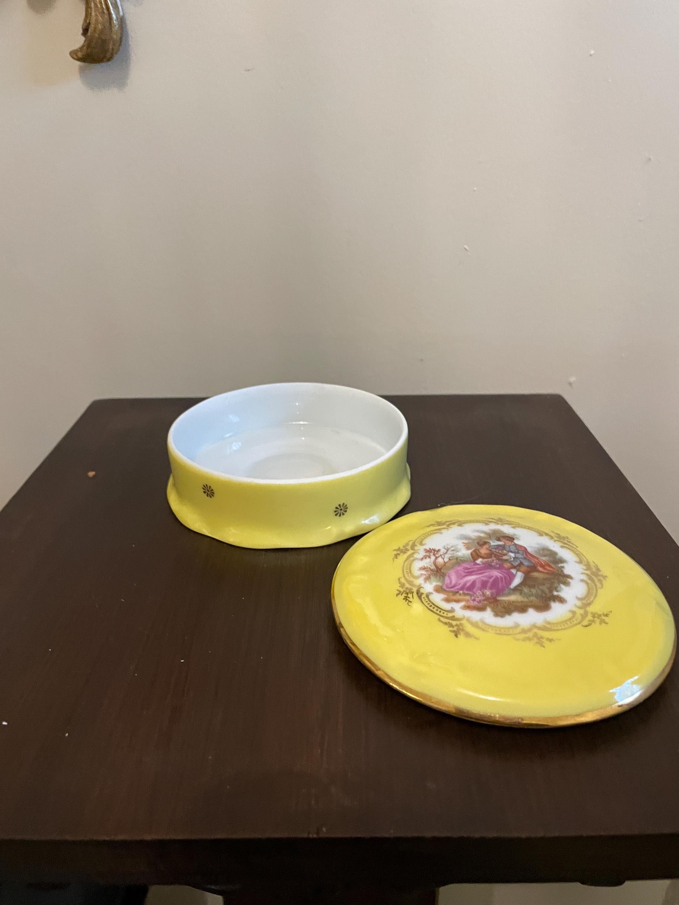Vintage Yellow Porcelain Jewelry Box Gold Accent Romantic Scene Limoges Collectible Decorative Keepsake Organizer Home Decor Gold Vanity Box