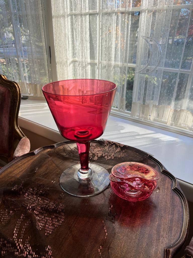 Vintage Ruby Red Glass Centerpiece Set Including Large Footed Bowl Three Candle Holders Elegant Iridescent Mid Century Decor Romantic Tablet
