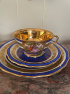 Vintage Set of 3 Blue & Gold Trim Froganard Design Collectible Cup Saucer Plate