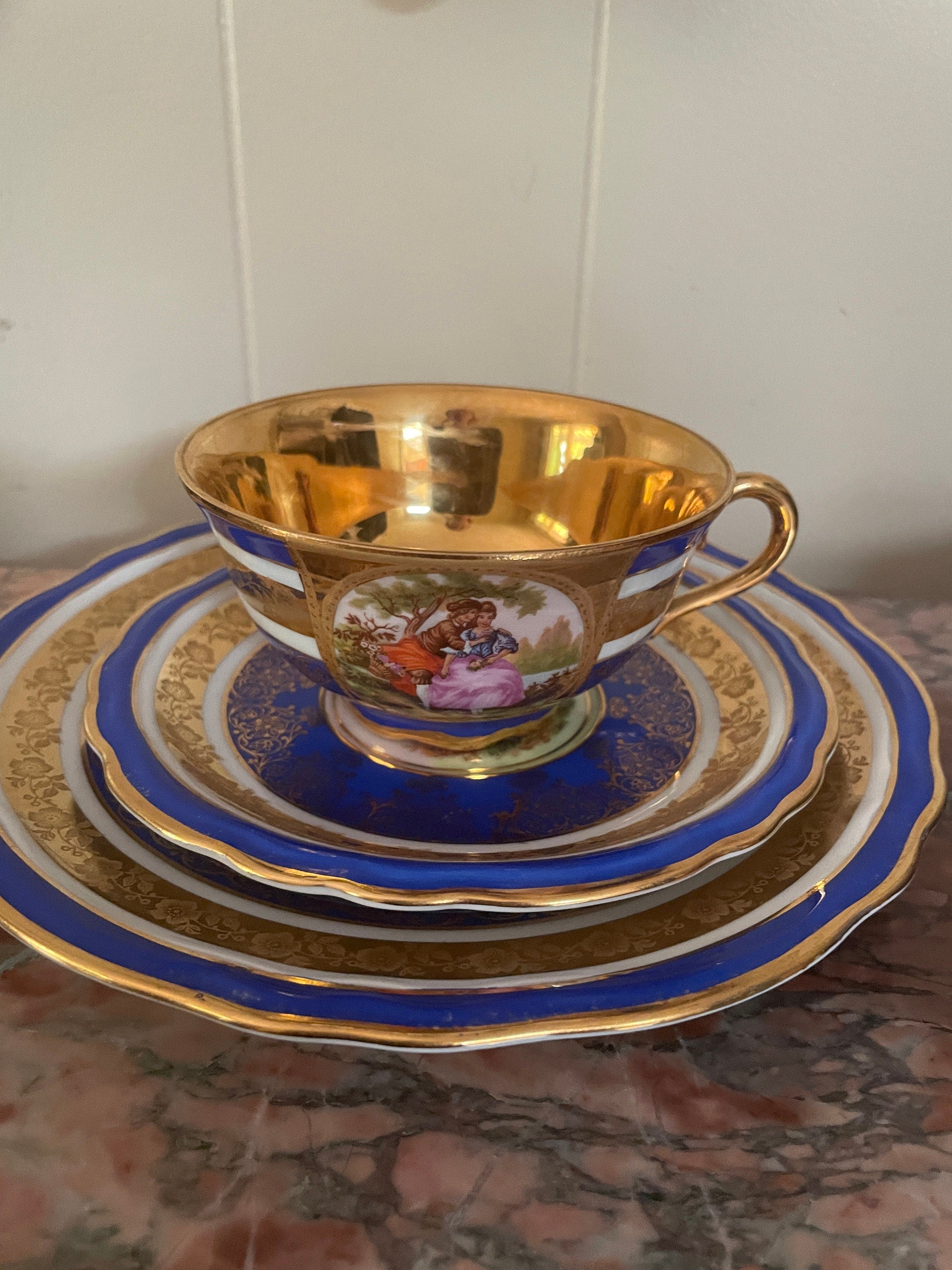 Vintage Set of 3 Blue & Gold Trim Froganard Design Collectible Cup Saucer Plate