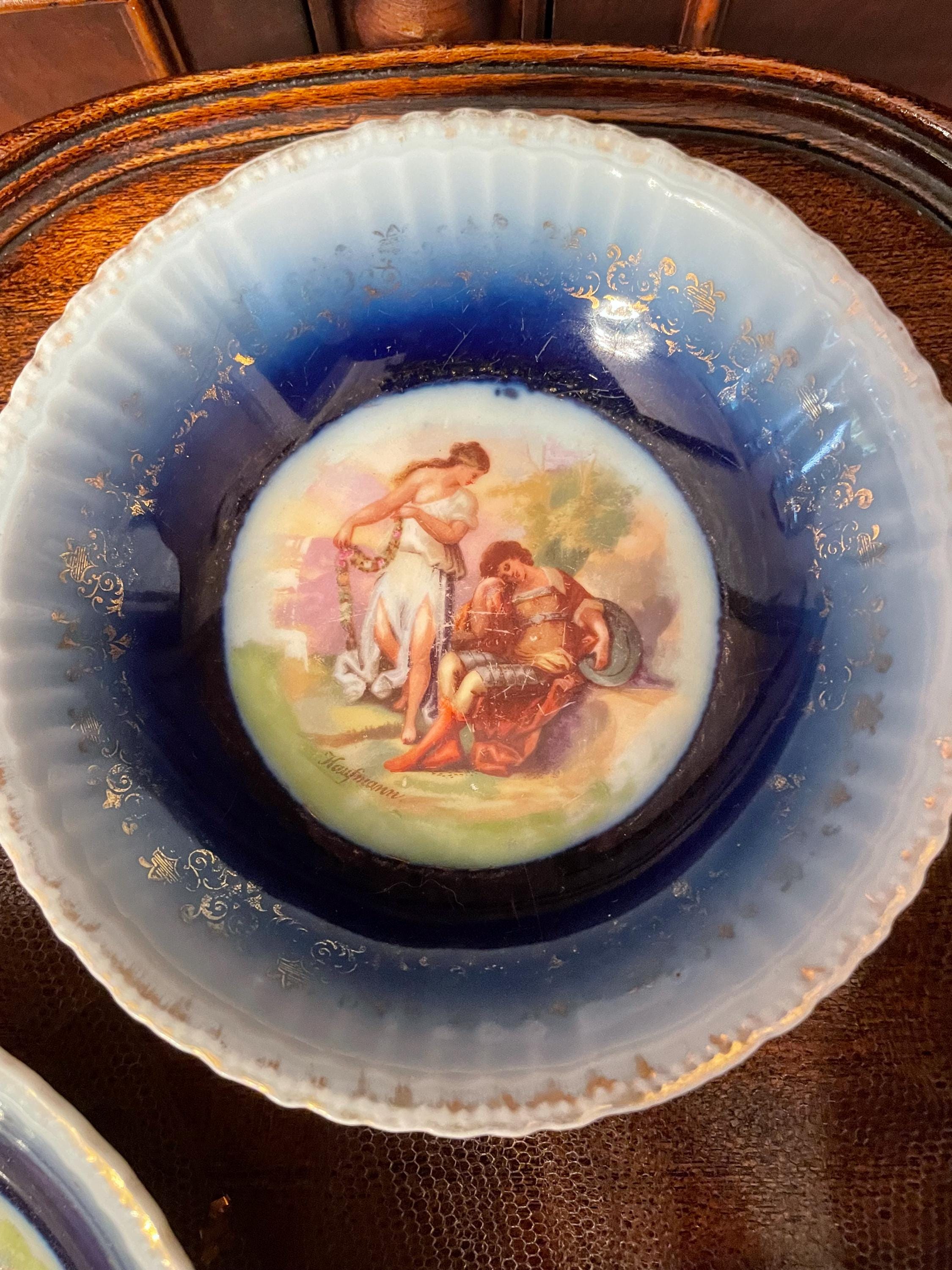 Vintage Cobalt Blue Porcelain Bowl Set Mythological Romantic Scenes Gold Trim Embossed Edges Decorative European Tableware Art Collectible