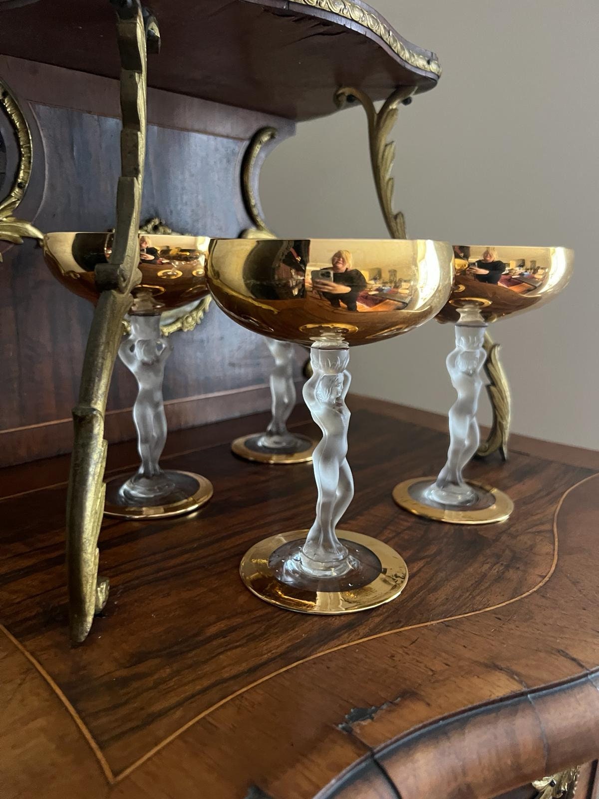 Art Deco Style Vintage Coupe Glasses Set Featuring Frosted Nude Female Stems Gold Bowls Crystal Detail Perfect Display Barware Home Decor