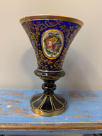 Antique Bohemian Enamel Gilded Art Glass Cobalt Blue Hand Painted Vase Goblet  Floral Medallions Moser Style Decorative