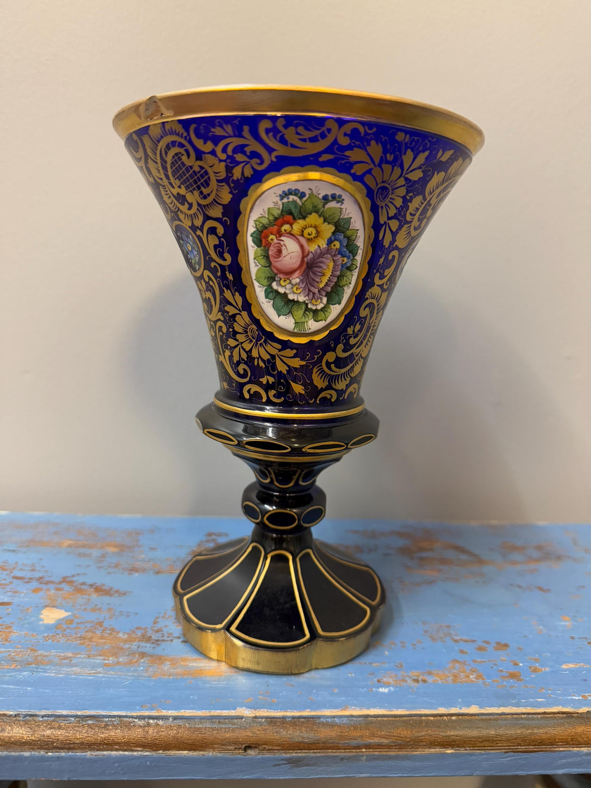 Antique Bohemian Enamel Gilded Art Glass Cobalt Blue Hand Painted Vase Goblet  Floral Medallions Moser Style Decorative