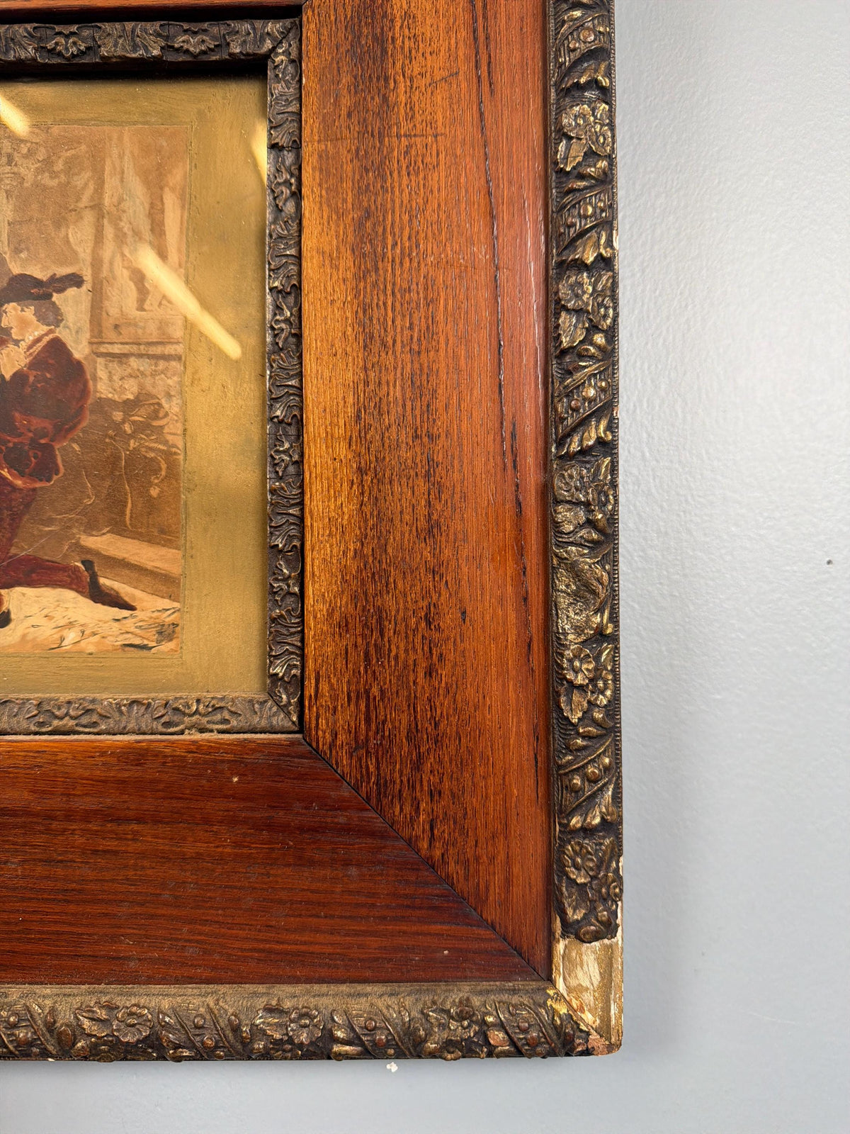 Antique Victorian Oak Frame with Romantic Scene Print, Ornate Gesso Trim, 19th Century Style Wall Art
