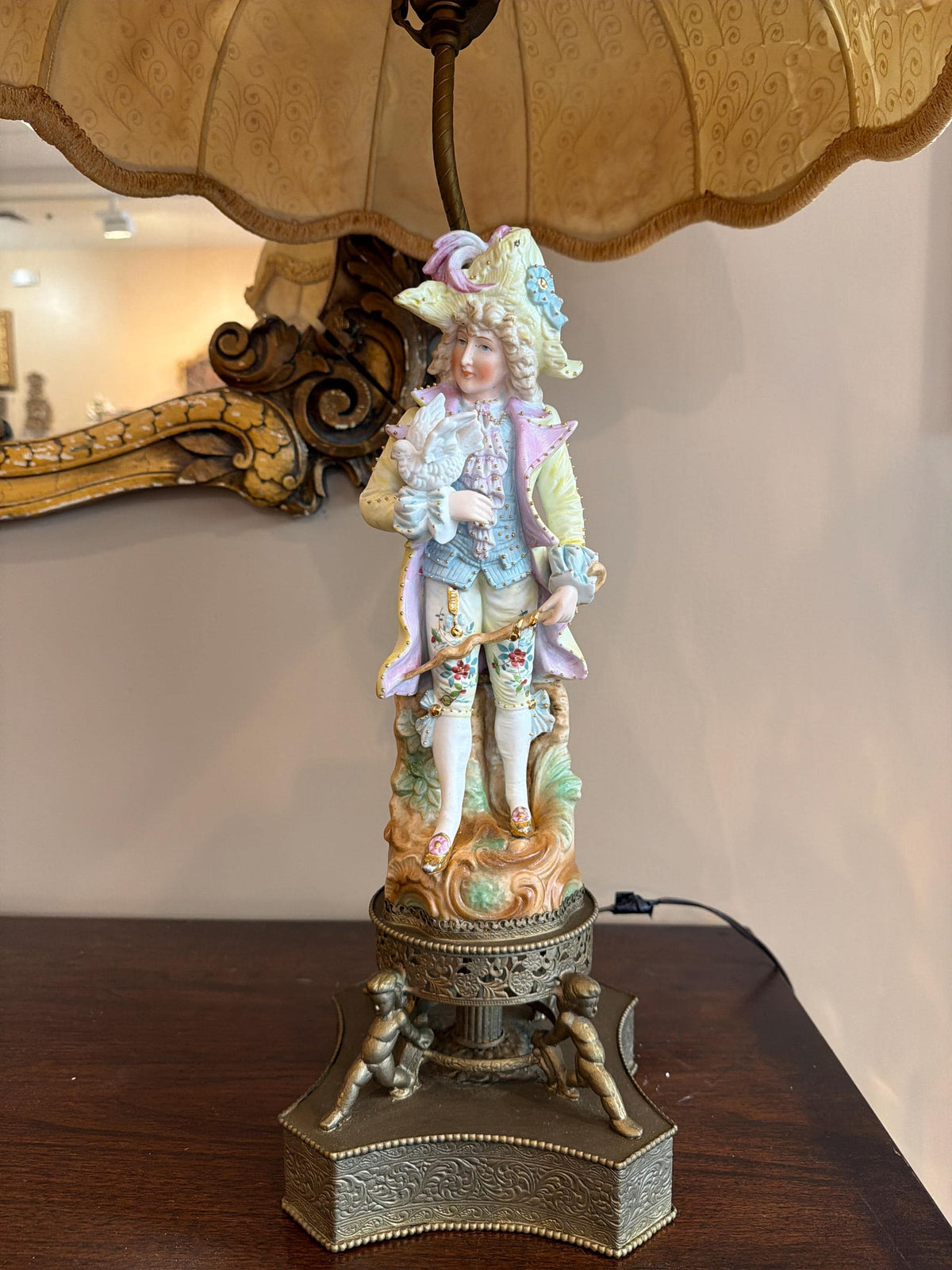 Pair Vintage Porcelain Figural Lamps Rococo Style Cherub Base Ornate Metal Table Lamps French Style Boudoir Lighting