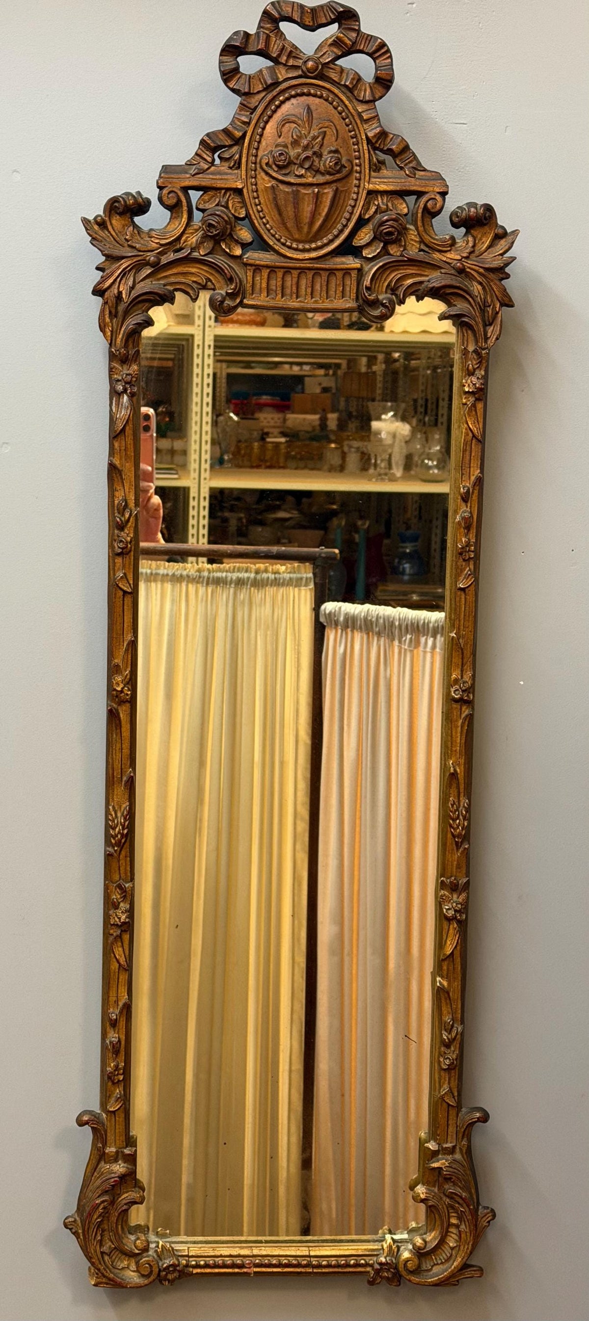 Tall Narrow Vintage French Louis XVI Wall Mirror Ornate Brown and Gold Carved Frame Entryway Mirror