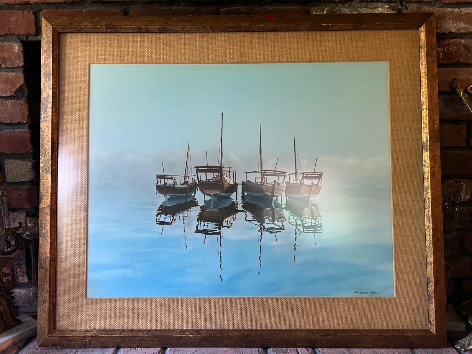 Vintage Framed Painting Serene Coastal Scene Boats Reflection Elegant Gold Frame Nautical Artwork Living Room Bedroom Office Home Decoration