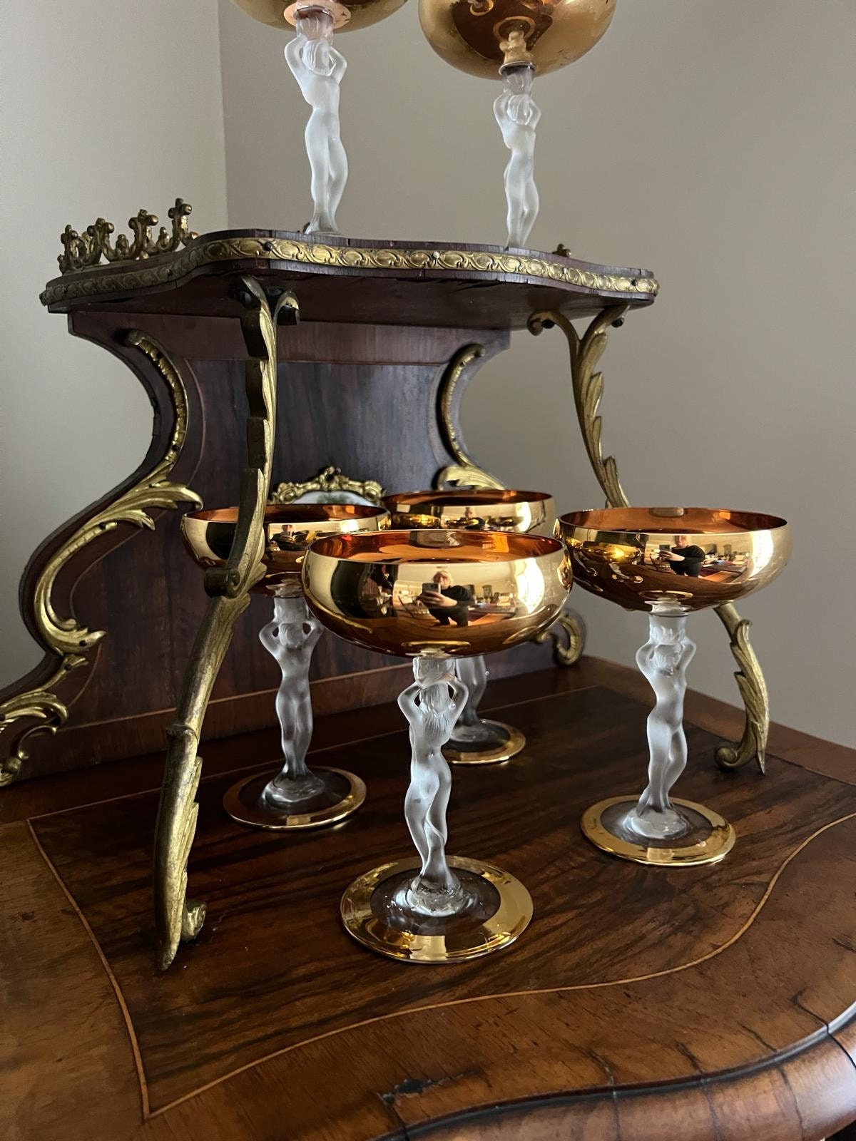 Art Deco Style Vintage Coupe Glasses Set Featuring Frosted Nude Female Stems Gold Bowls Crystal Detail Perfect Display Barware Home Decor