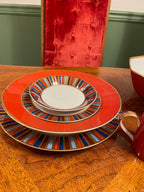 Vintage Ramses Fitz Floyd Porcelain Dinnerware Set Service For 8 Elegant Dinner Plates Platter Cups Saucers Teapot Creamer Gold Red Blue Set