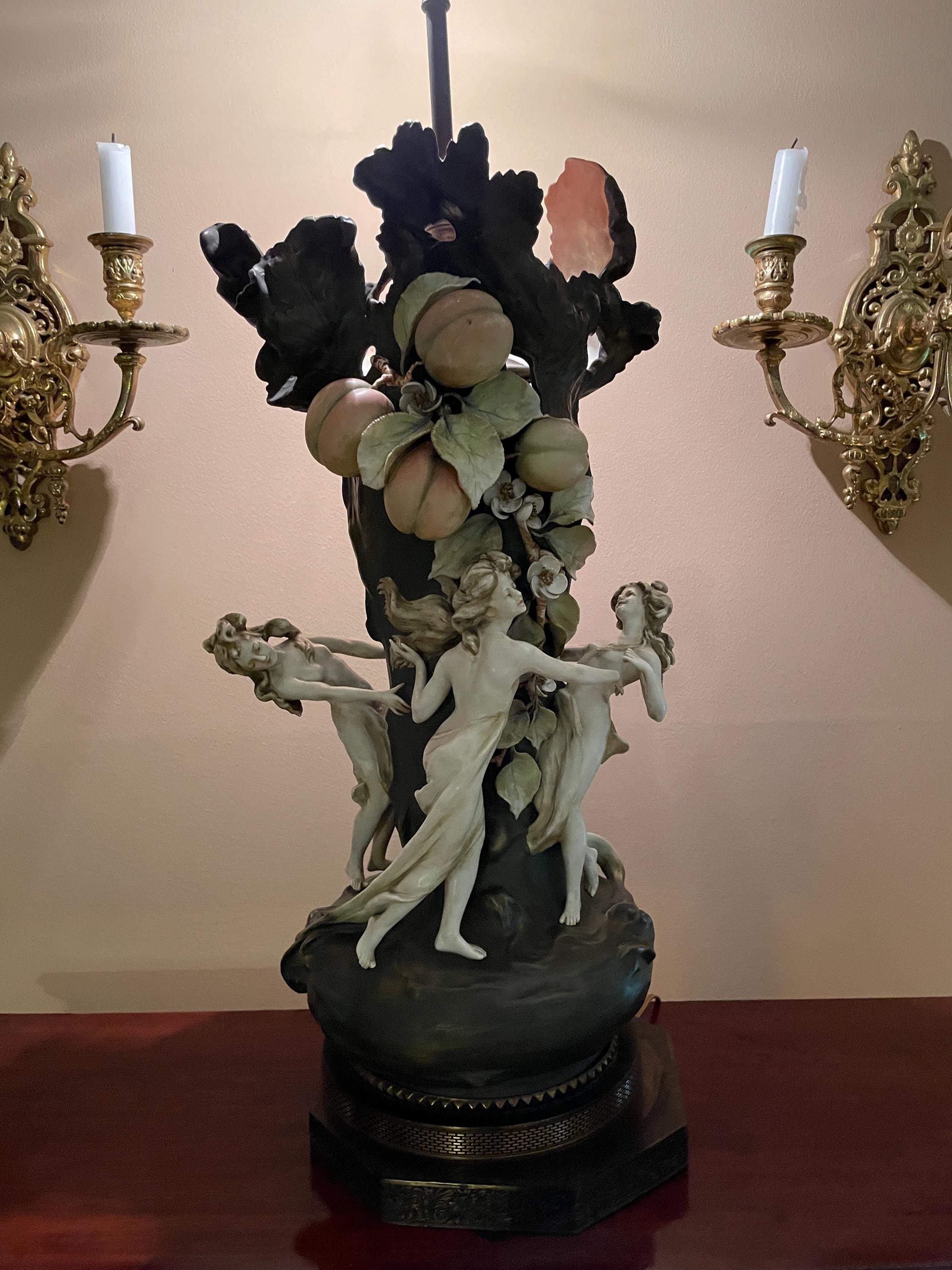 Art Nouveau German Porcelain Nymphs Figural Large Lamp