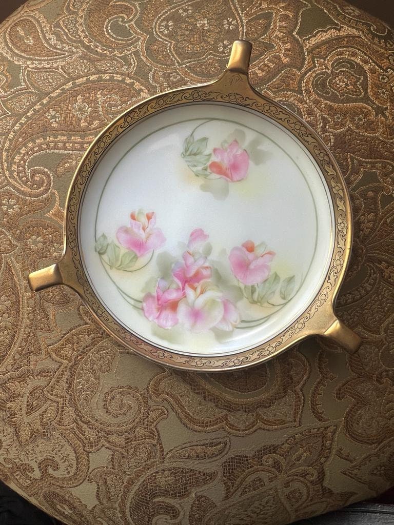 R S Germany Stamped Antique Hand Painted Radish Dish Pink Floral Plate Gold Rim Open Handles Vintage Porcelain French Style Collectible