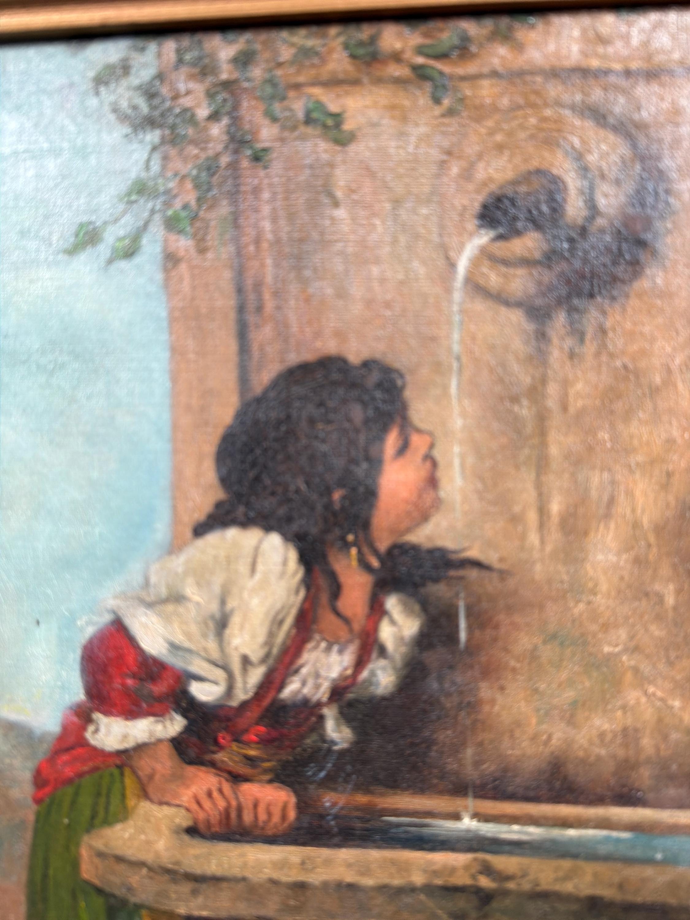 Antique European Oil Painting Girl at Fountain Signed Oil on Canvas Gilt Frame Late 19th Century