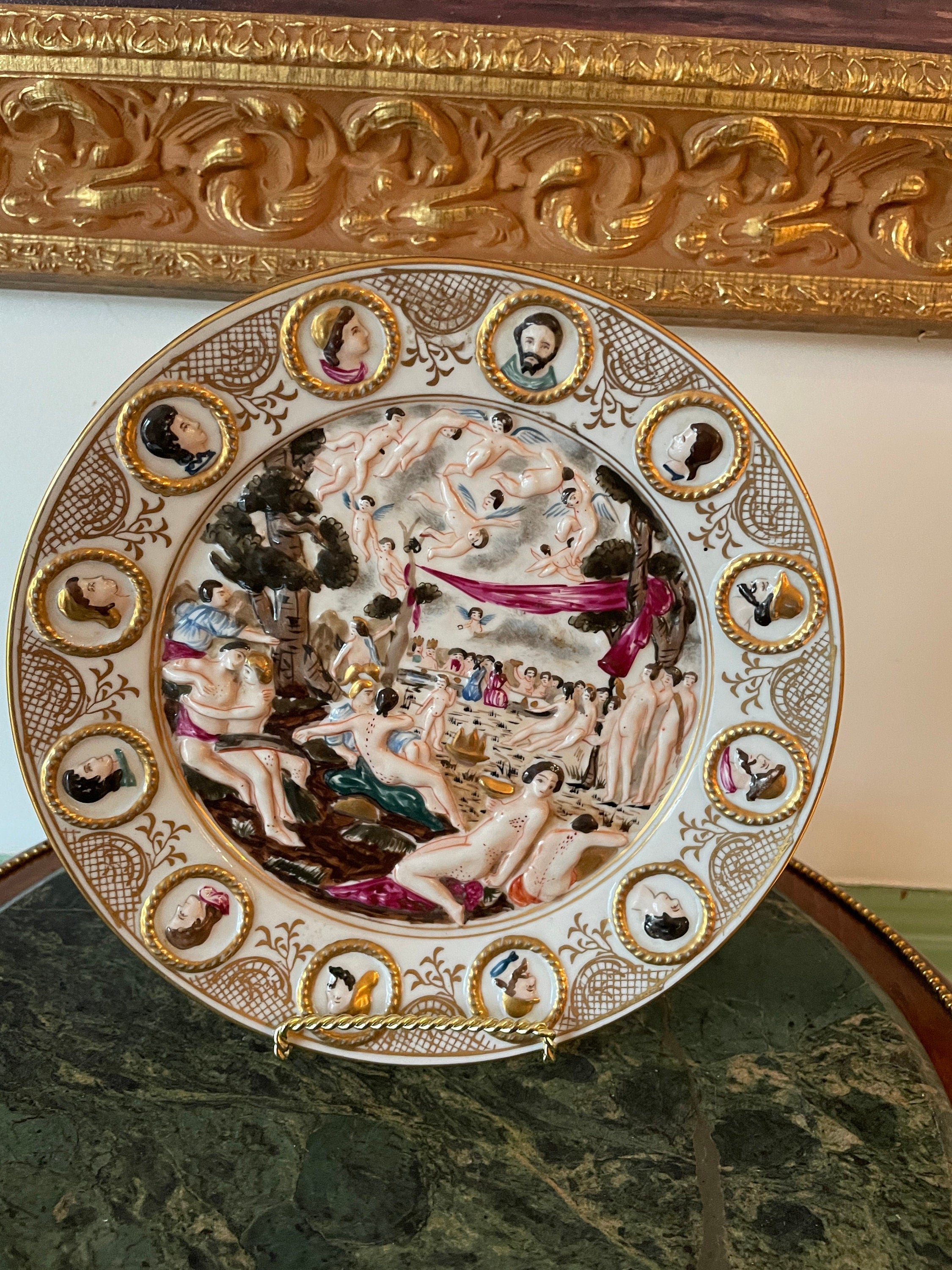 Antique Nude Scene Porcelain Plate Embossed Gold Border Mythological Bacchanal Style Collectible Display Hand Painted Rococo Decoration
