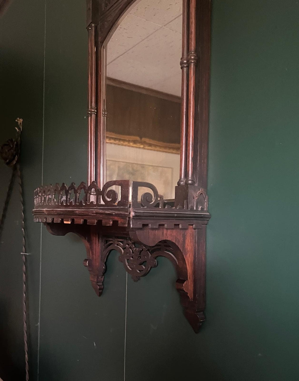 Antique Victorian Wall Mirror Wood Frame Gothic Shelf Hallway Accent Ornate Entryway Decor Carved Hanging Piece Collectible Unique Vanity