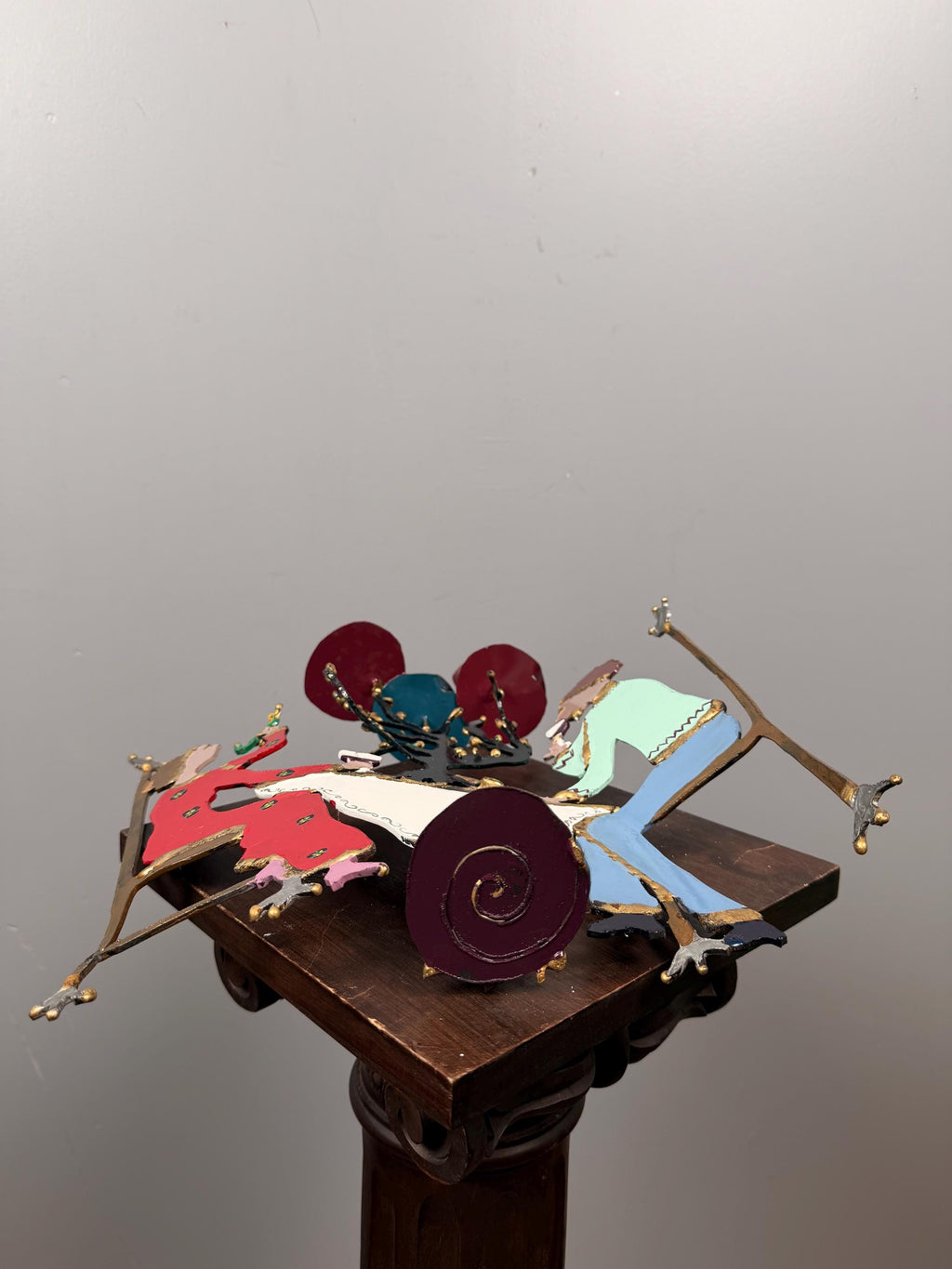 Vintage Hand-Painted Metal Judaica Folk Art Sculpture – Menorah Celebration Couple Table Scene