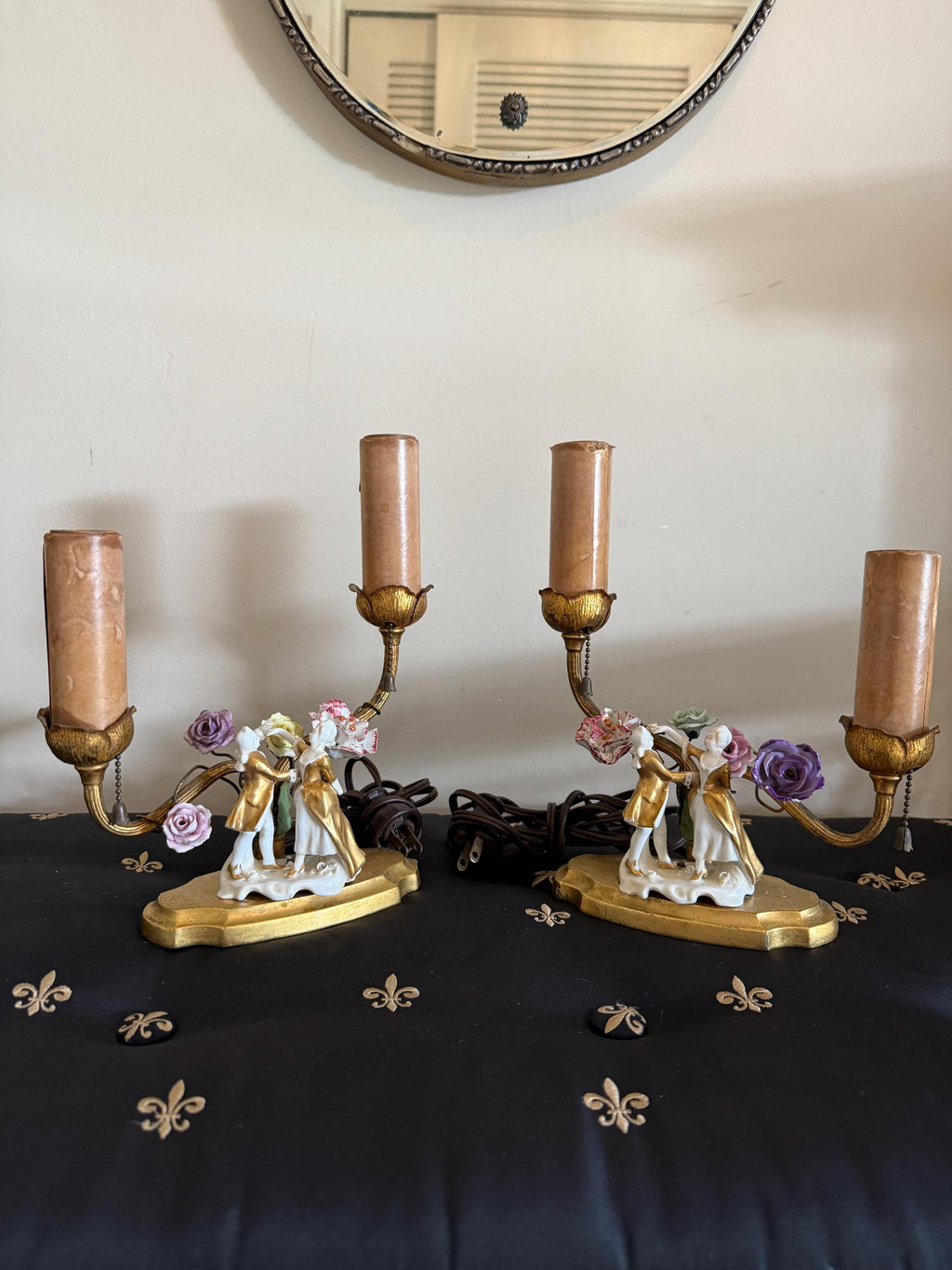 Antique Pair of French Victorian Bronze & Porcelain Lamps Early 1900s Hand Painted Figurines Flowers Exquisite Rare Pair Working Table Lamp