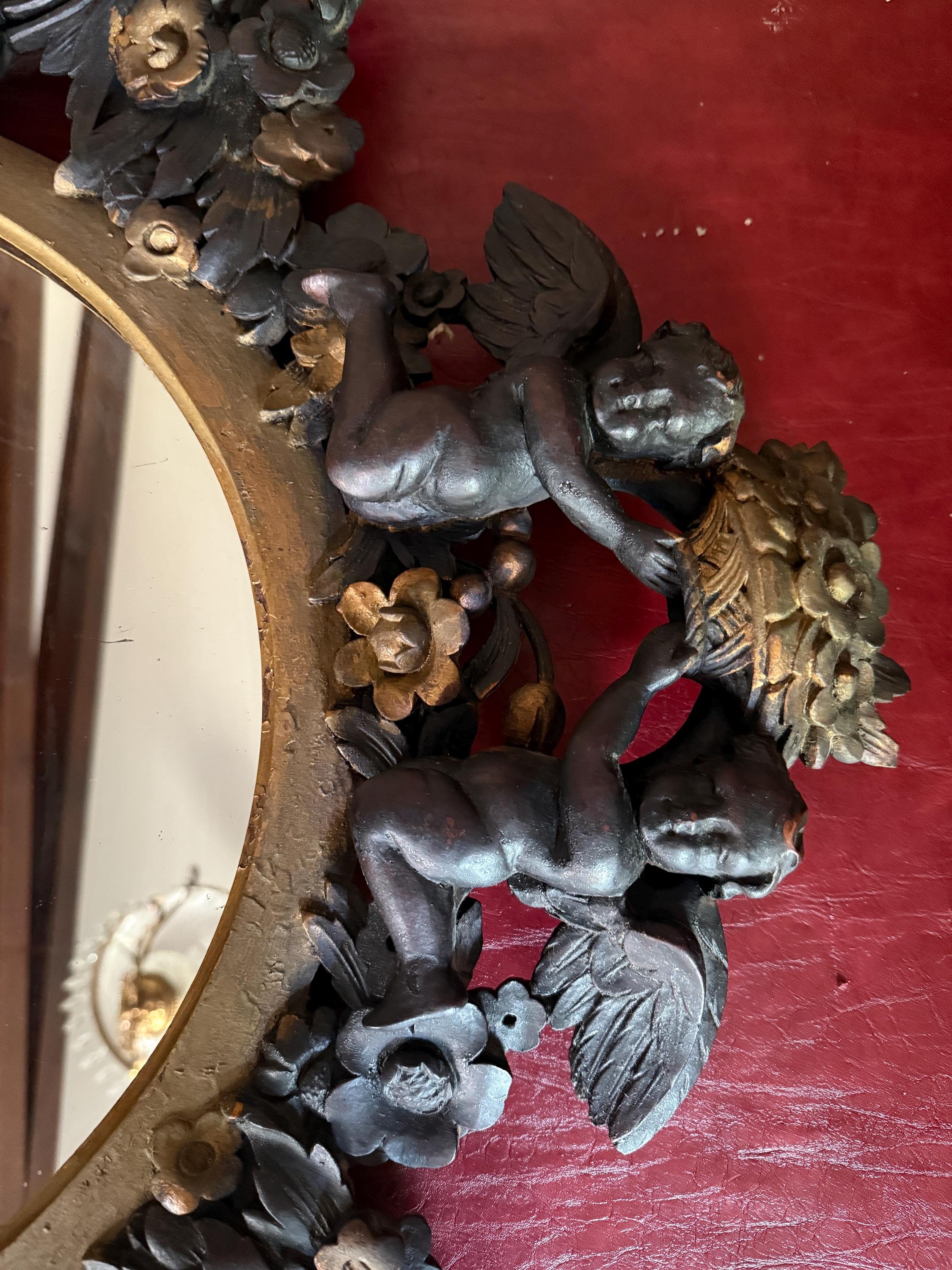 Antique Victorian Oval Mirror Hand-Carved Cherubs & Floral Motifs Dark Wood Gilt Frame Baroque Style  French Home Decoration Wall Mirror
