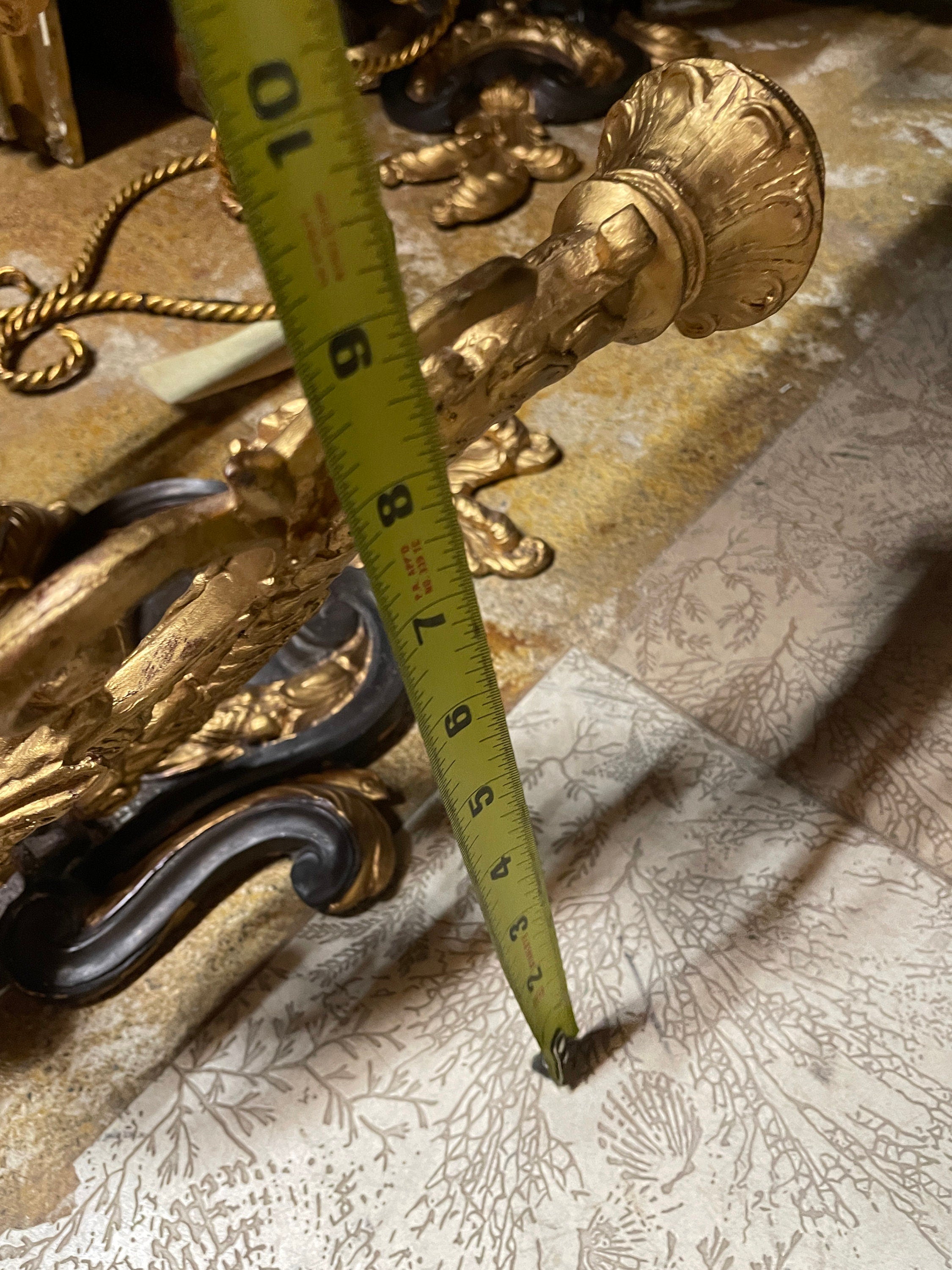 Pair of Vintage Heavy Gold Cast Iron Candlestick  Wall Sconces