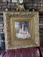 Large Victorian Gilt Frame Oil Painting of Two Girls Antique Style Rococo Wall Art Romantic Portrait Ornate Gold Decoration Statement Piece