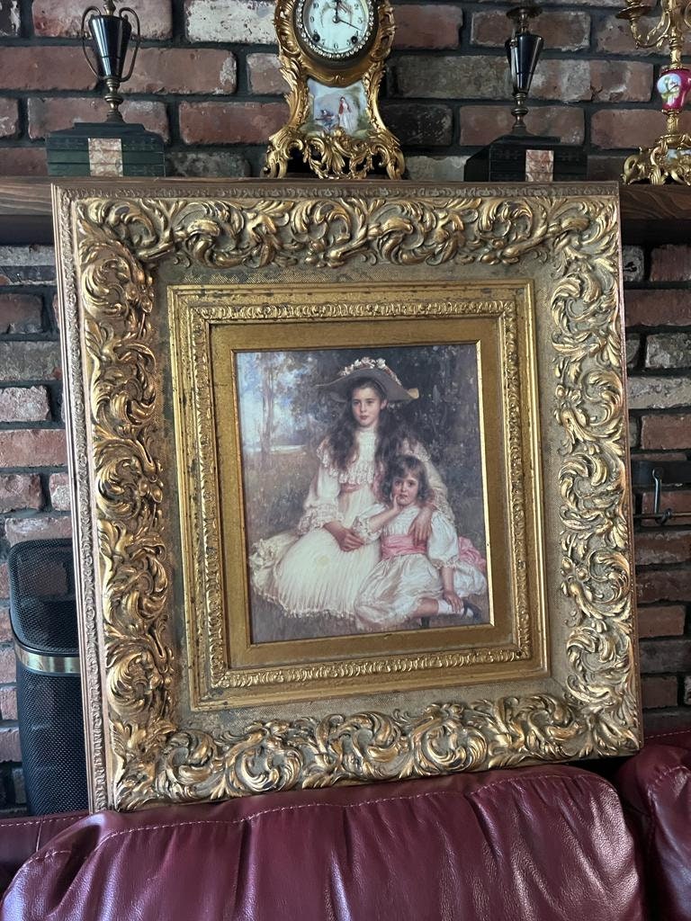 Large Victorian Gilt Frame Oil Painting of Two Girls Antique Style Rococo Wall Art Romantic Portrait Ornate Gold Decoration Statement Piece