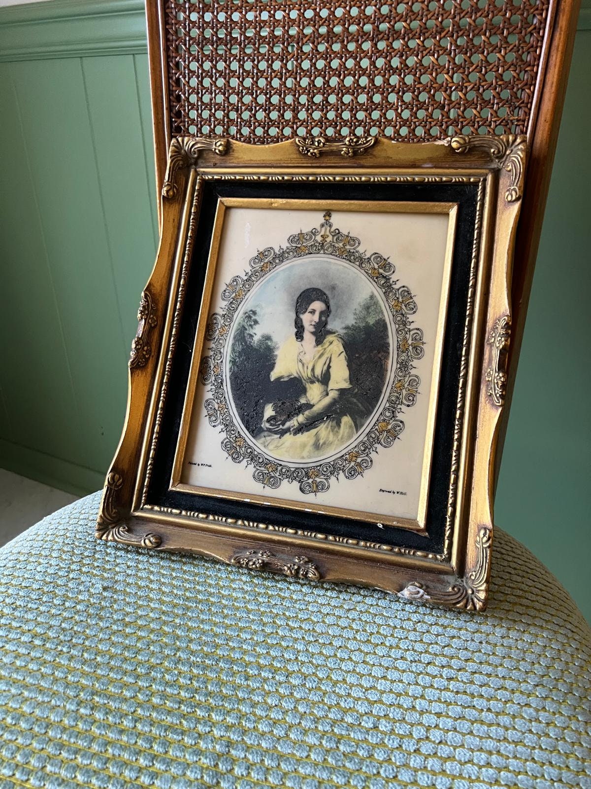 Victorian Style Ornate Framed Portrait Print Wall Art Featuring Woman Holding Flowers Antique Gold Frame Decorative Vintage Home Decor