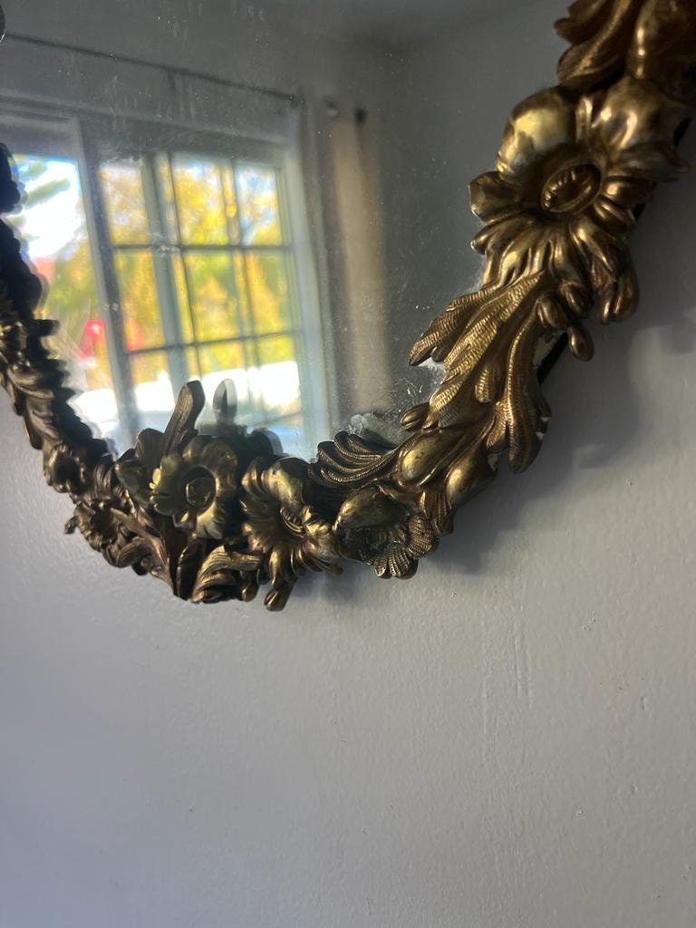 Antique French Rococo Oval Mirror Gilt Floral Frame Ribbon Crest Gold Wall Decoration Statement Piece Baroque Style Accent Home Design