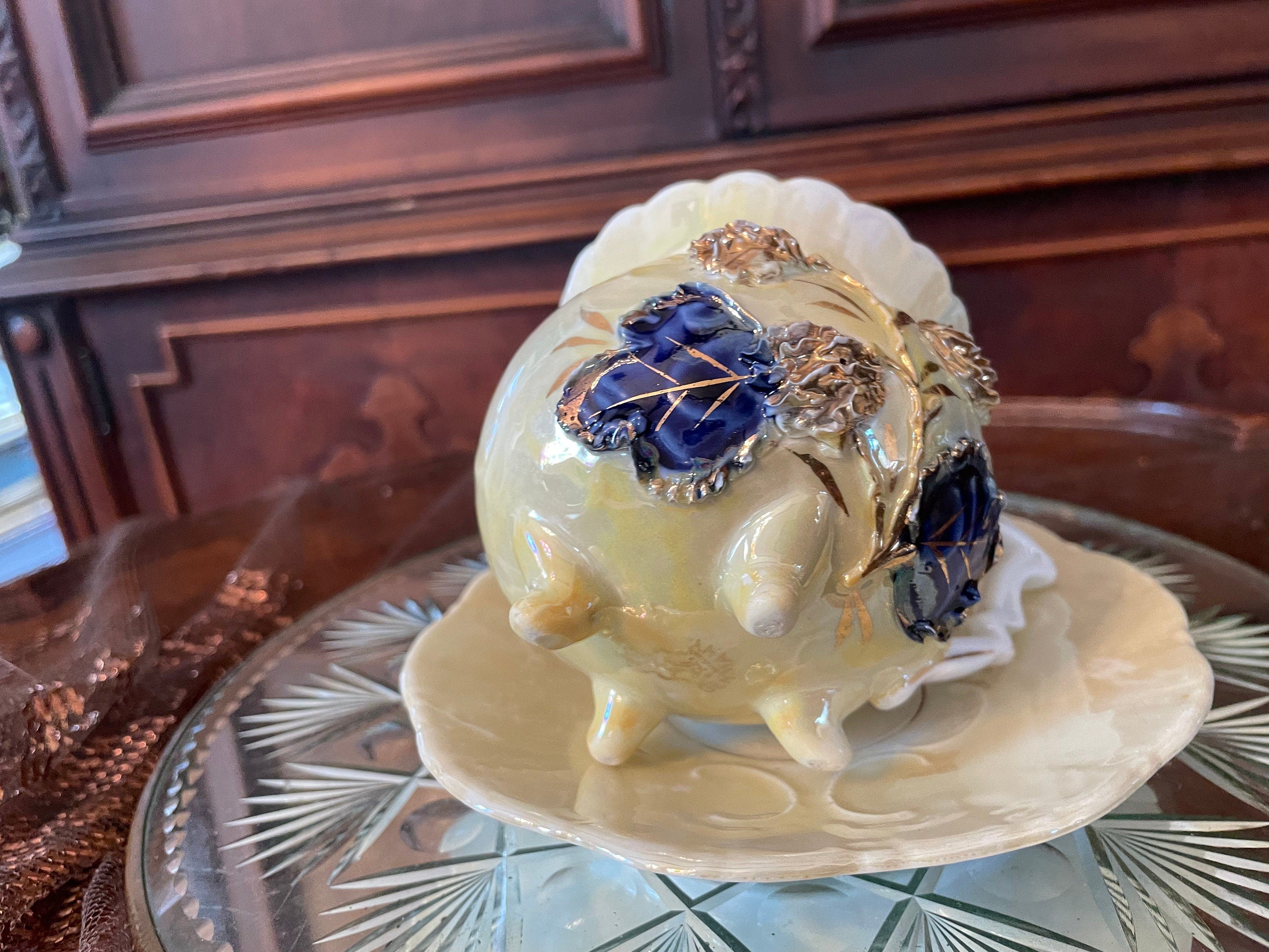 Antique Porcelain Floral Design Yellow Gold & Blue Teacup Saucer.