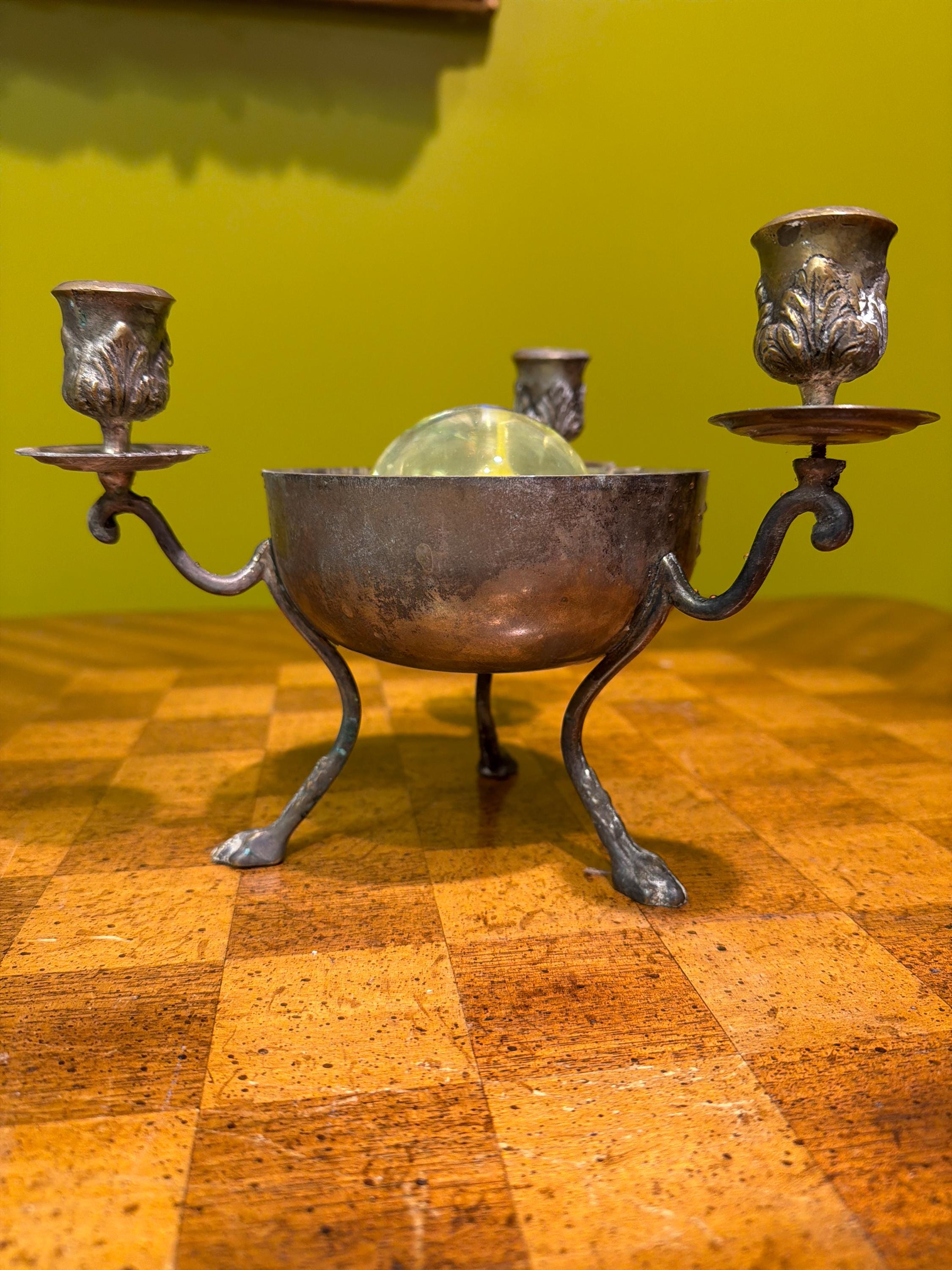 Antique Silver Plate Three Arm Candelabra Centerpiece Bowl with Paw Feet