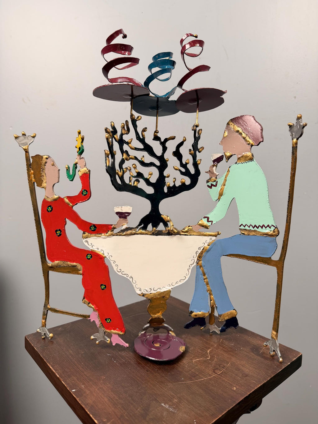 Vintage Hand-Painted Metal Judaica Folk Art Sculpture – Menorah Celebration Couple Table Scene