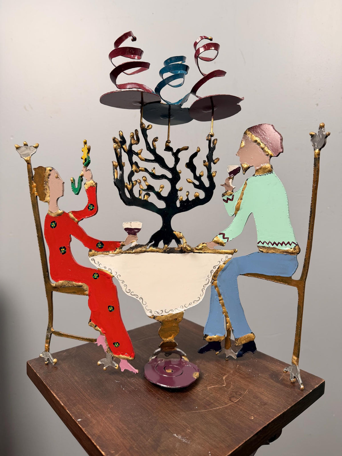 Vintage Hand-Painted Metal Judaica Folk Art Sculpture – Menorah Celebration Couple Table Scene