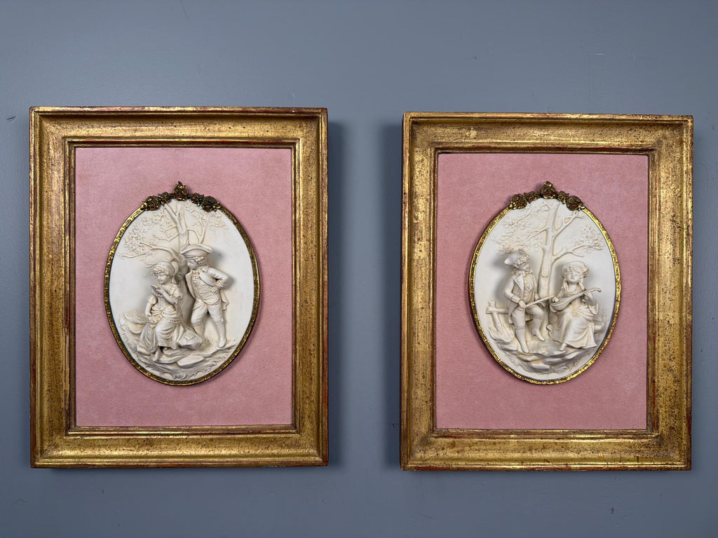Antique Bisque Porcelain Wall Plaques Pair, French Rococo Gilt Framed Romantic Scene Panels
