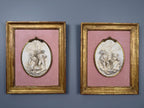 Antique Bisque Porcelain Wall Plaques Pair, French Rococo Gilt Framed Romantic Scene Panels