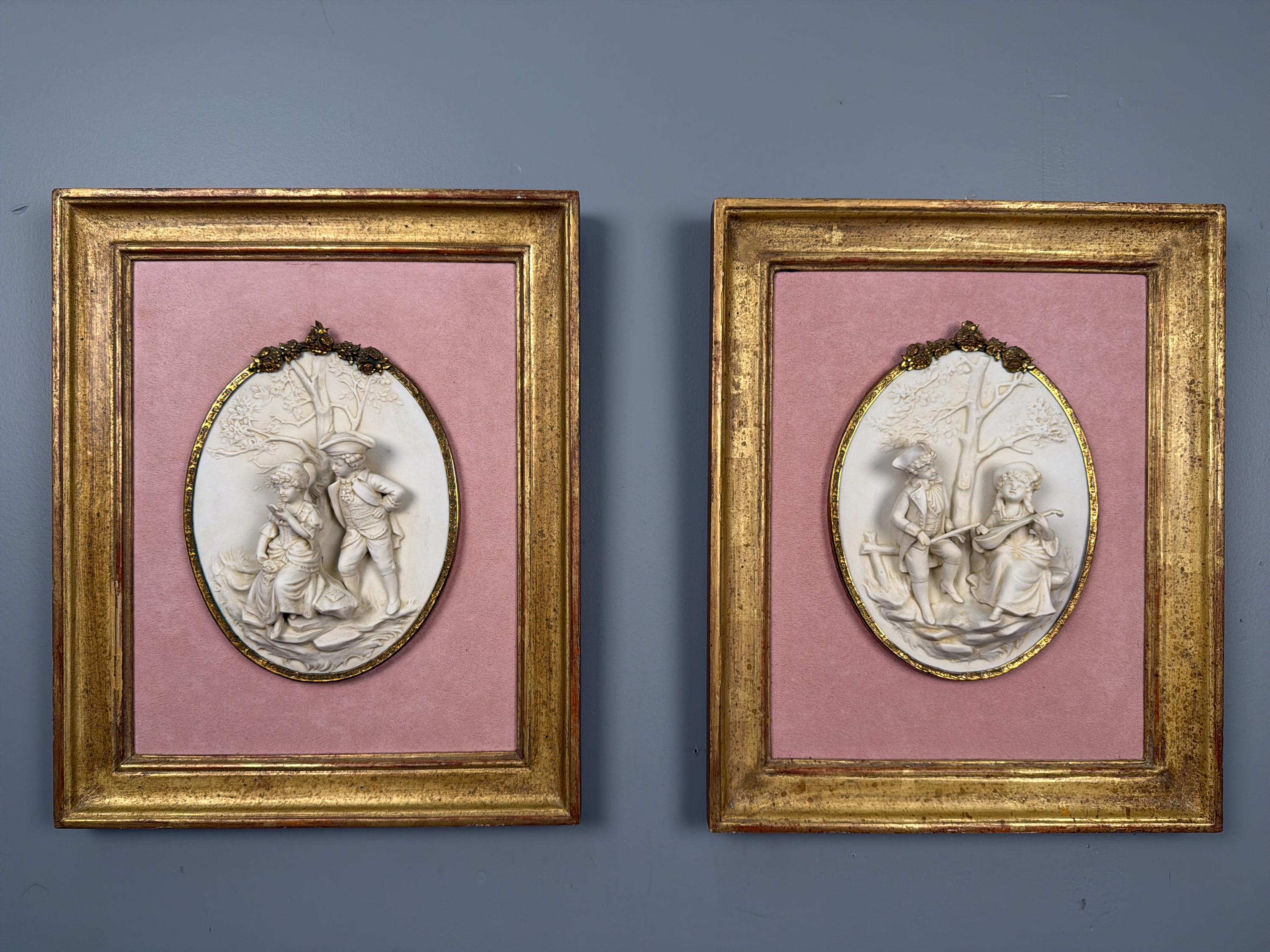 Antique Bisque Porcelain Wall Plaques Pair, French Rococo Gilt Framed Romantic Scene Panels