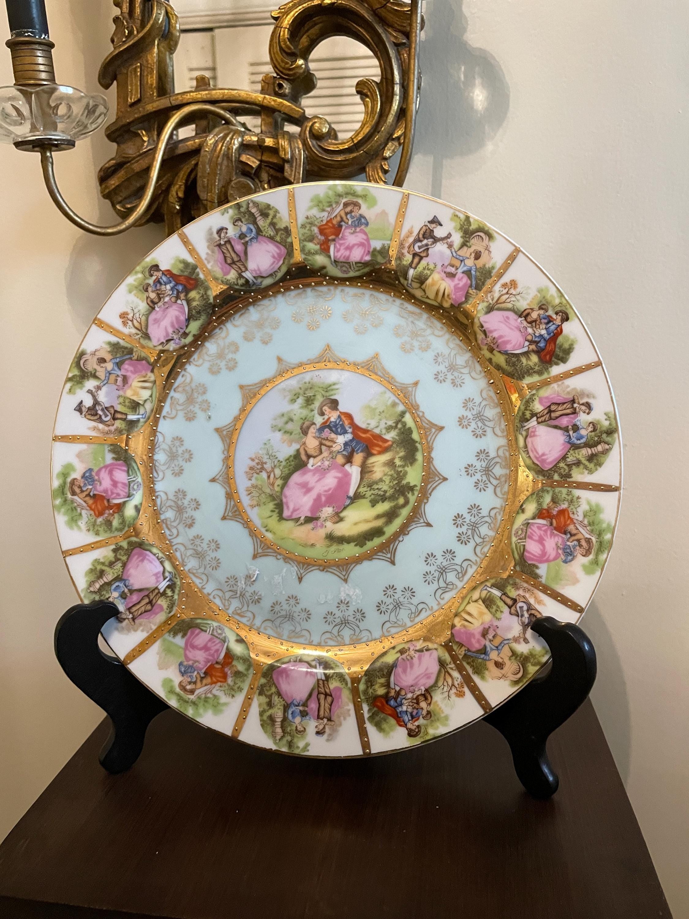 Vintage Set of 8 Love Story Porcelain Dinner Plates  Fragonard Courting Couple Gold Trim Porcelain Collectible Wall Art Elegant Home Accent
