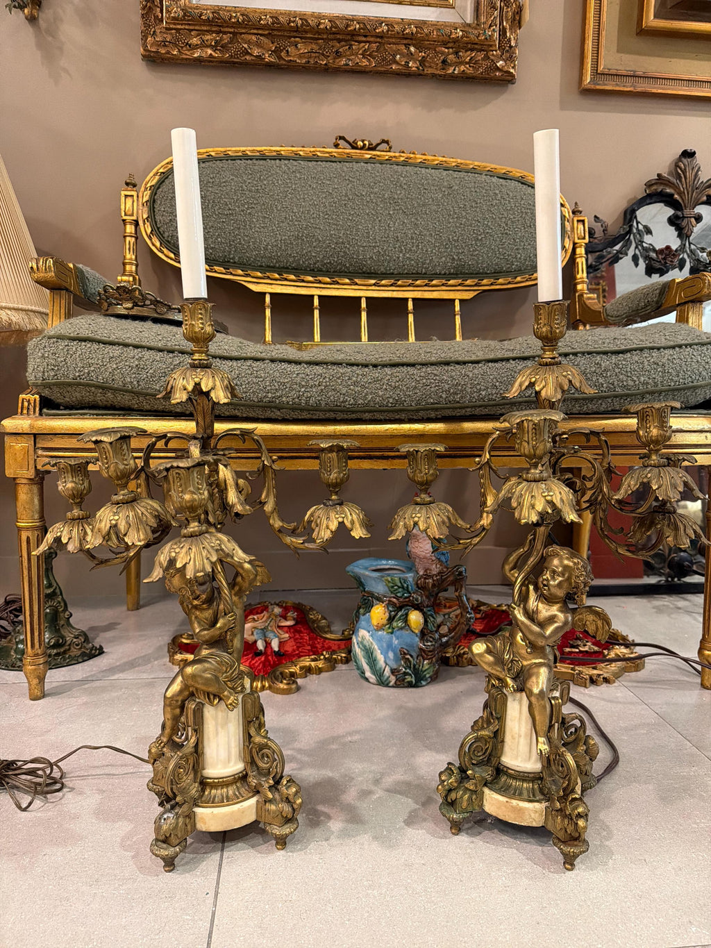 Antique French Ormolu Cherub Candelabra Pair, Gilt Bronze Marble Base Louis XVI Style