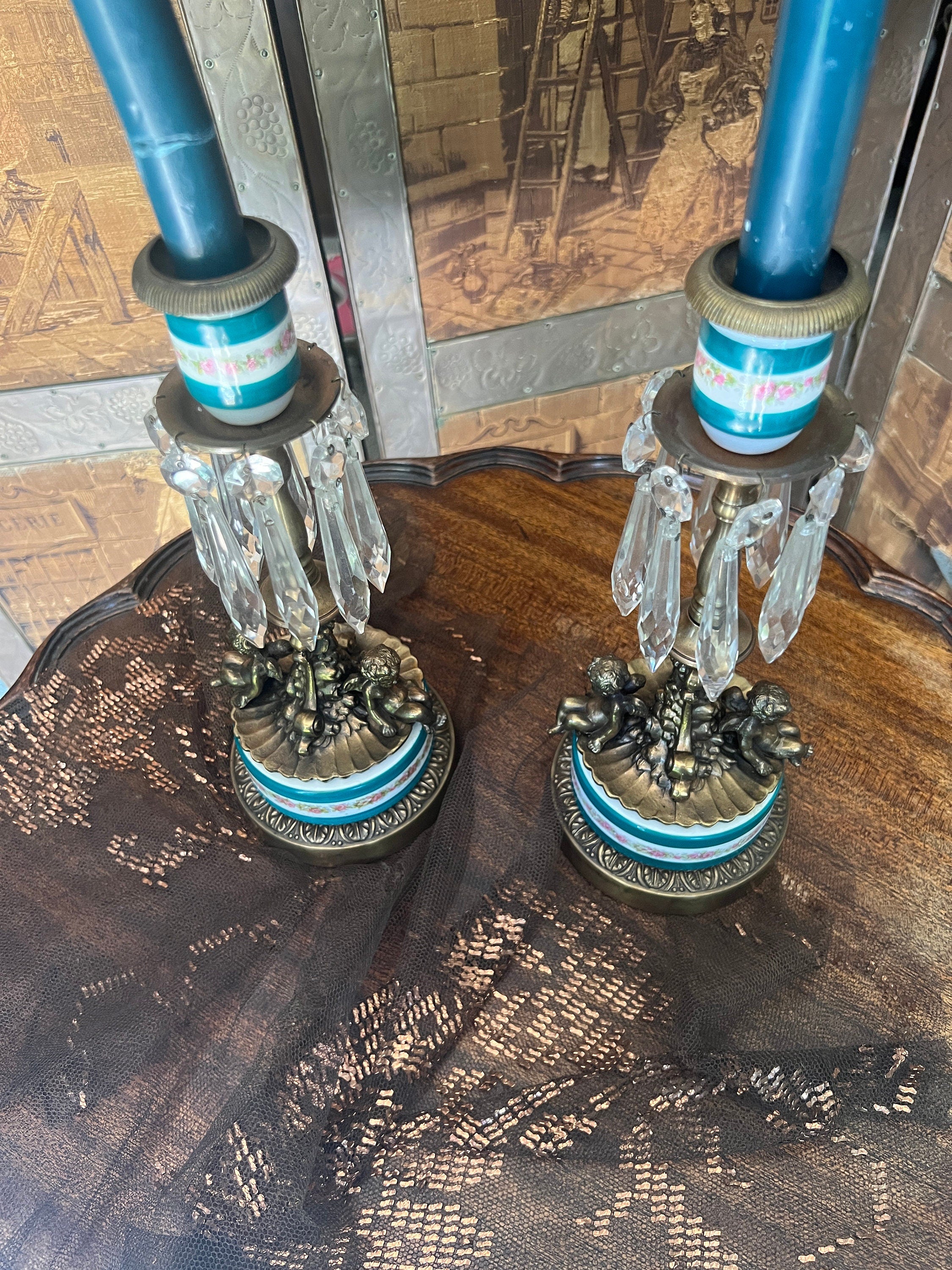 Antique Brass Cherub Candle Holders Crystal Prism Accents Porcelain Base Floral Band French Rococo Style Pair Romantic Shabby Chic Decor