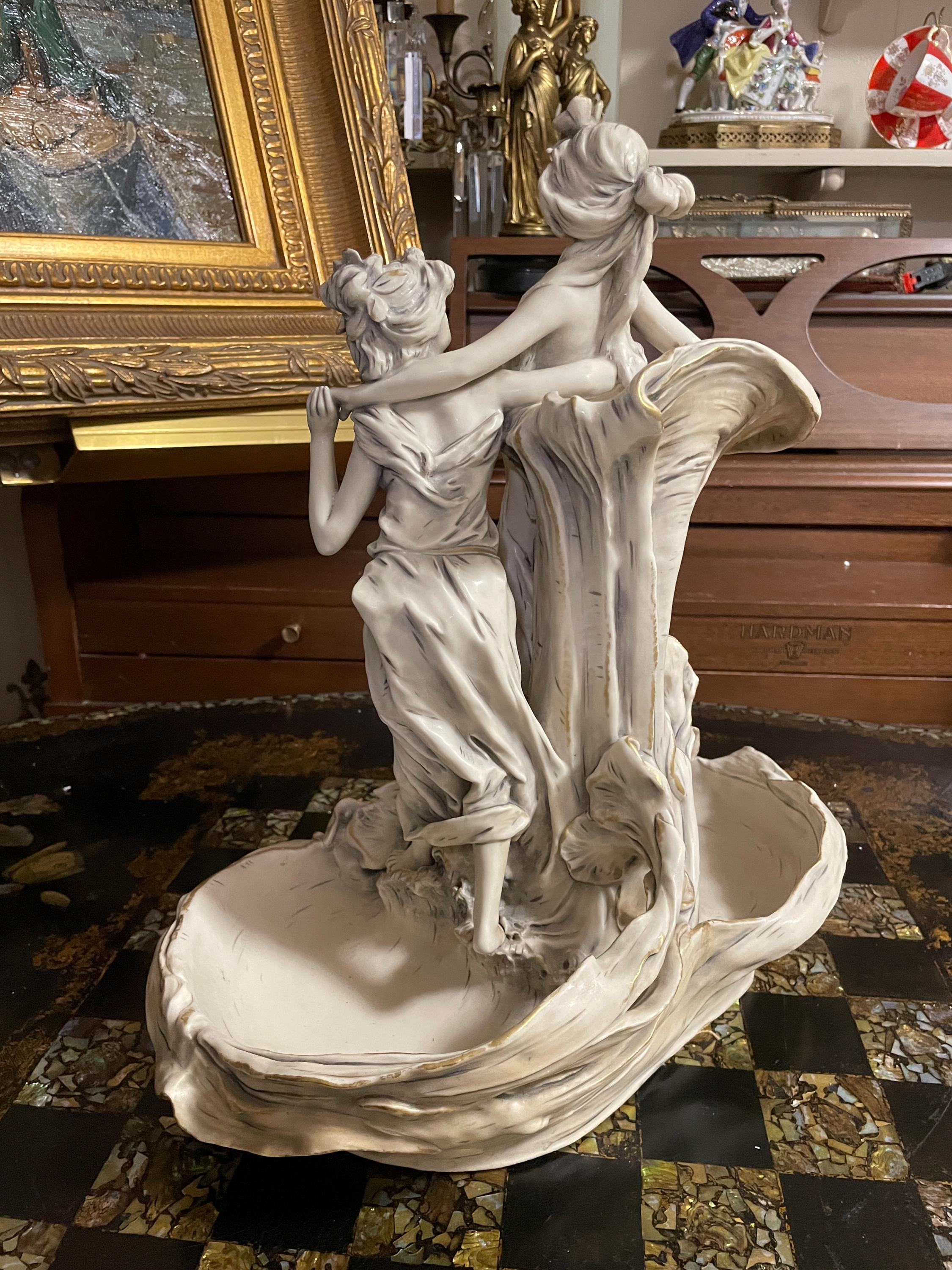 Vintage Italian Capodimonte Porcelain Figurine Centerpiece Dish with Art Nouveau Maidens Circa 20th Century Exquisite Collectible Home Decor