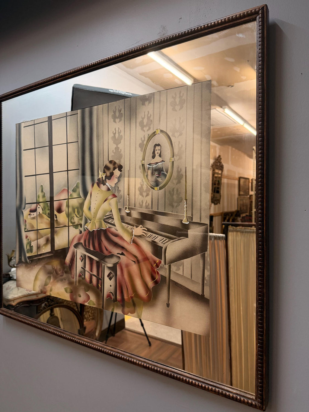 Vintage Art Deco Picture Mirror Lady at Piano Reverse Painted Airbrushed Boudoir Wall Mirror