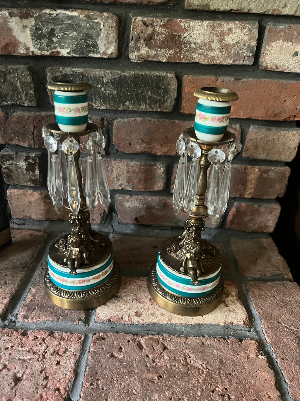 Antique Brass Cherub Candle Holders Crystal Prism Accents Porcelain Base Floral Band French Rococo Style Pair Romantic Shabby Chic Decor