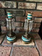 Antique Brass Cherub Candle Holders Crystal Prism Accents Porcelain Base Floral Band French Rococo Style Pair Romantic Shabby Chic Decor