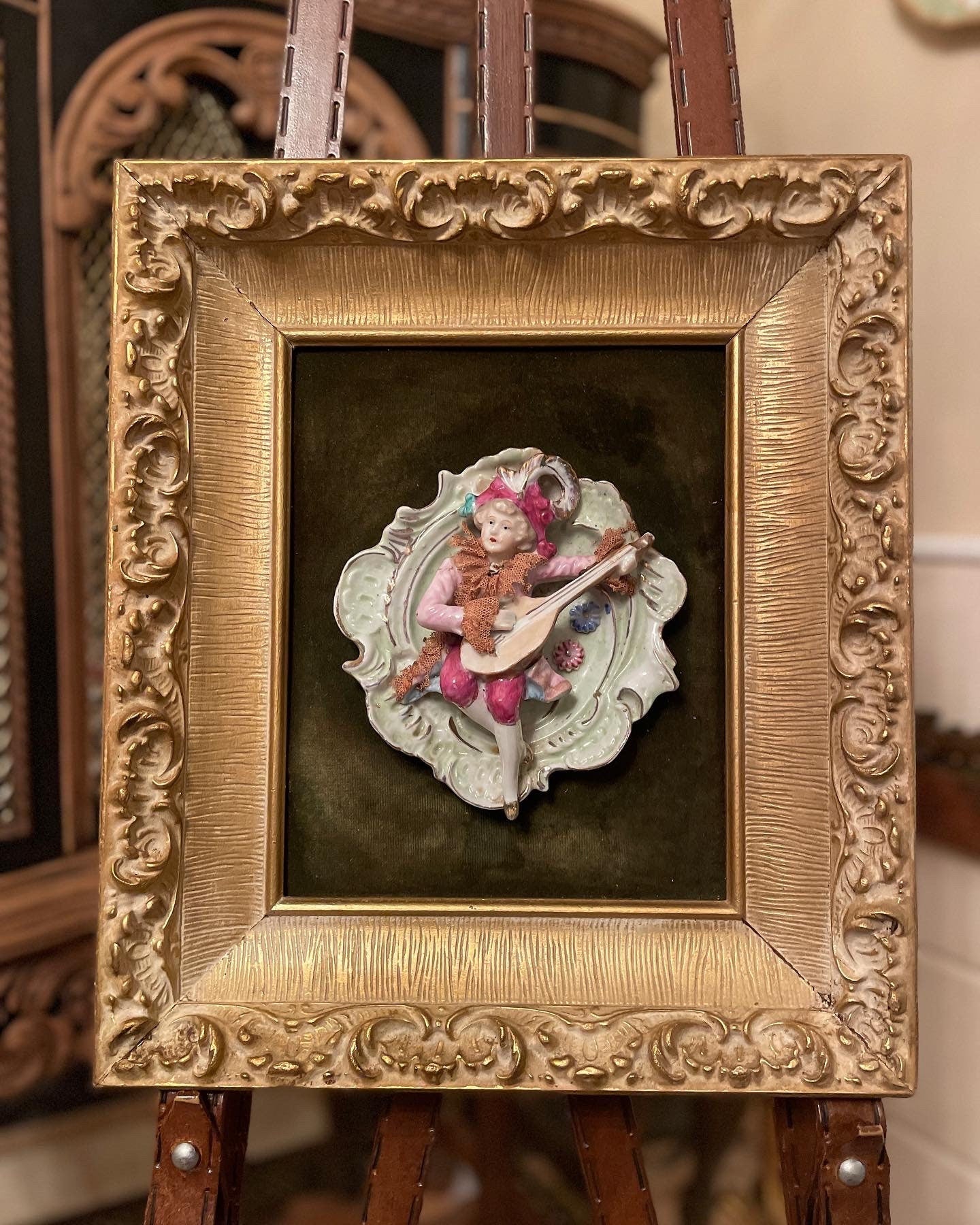 Antique Porcelain Wall Plaque Couple Relief Gilt Frame Velvet Backing Victorian Style French Rococo Art Figurine Decor Romantic Gift Idea