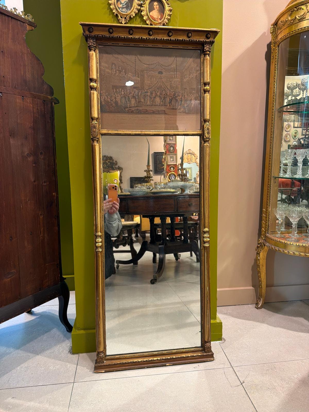 Antique French Trumeau Mirror with Engraved Scene Panel, Gilt Wood Frame, 19th Century