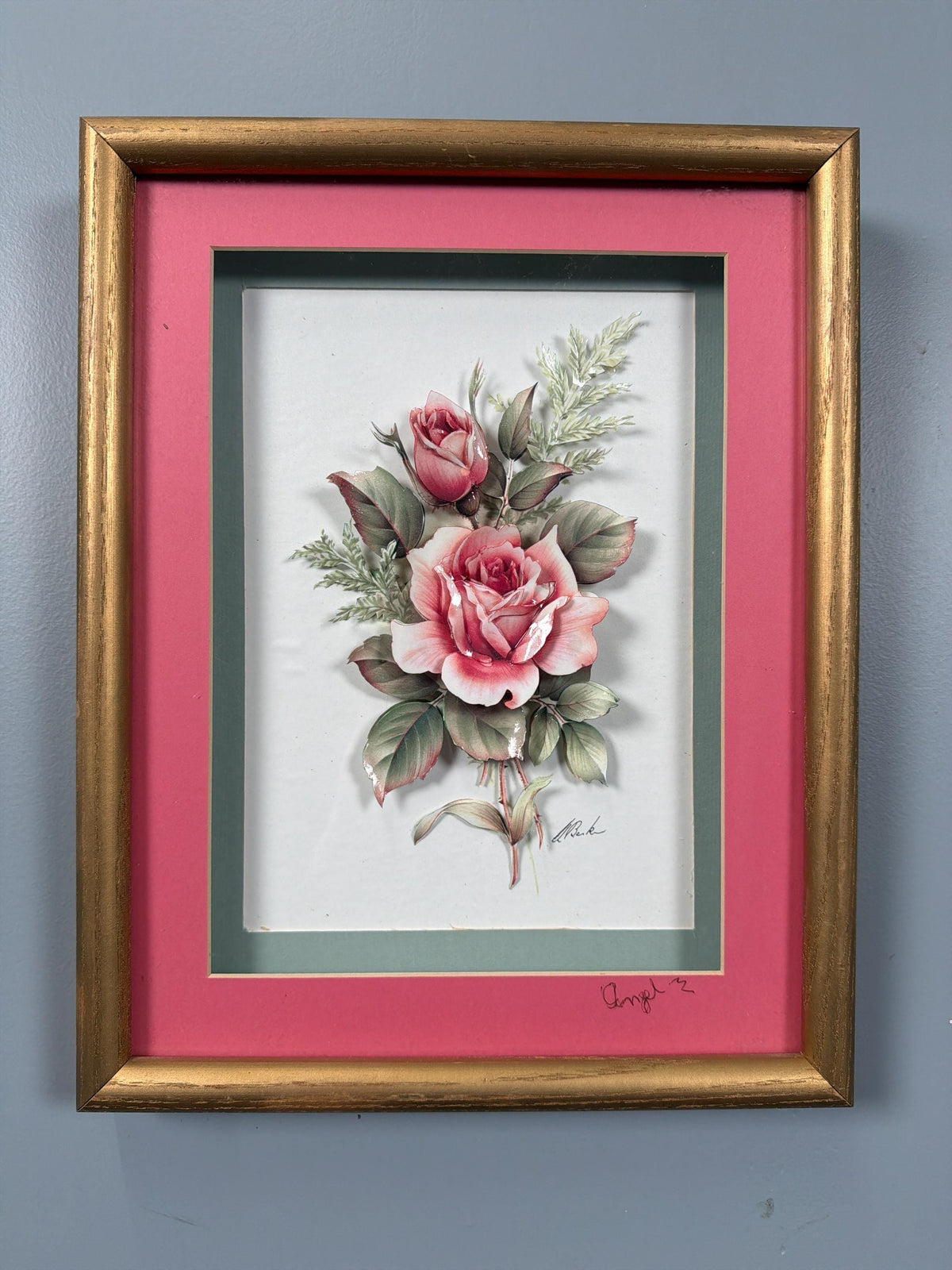 Vintage 3D Floral Decoupage Shadow Box, Dimensional Pink Roses Wall Art, Hollywood Regency Gold Frame, Cottage Romantic Decor