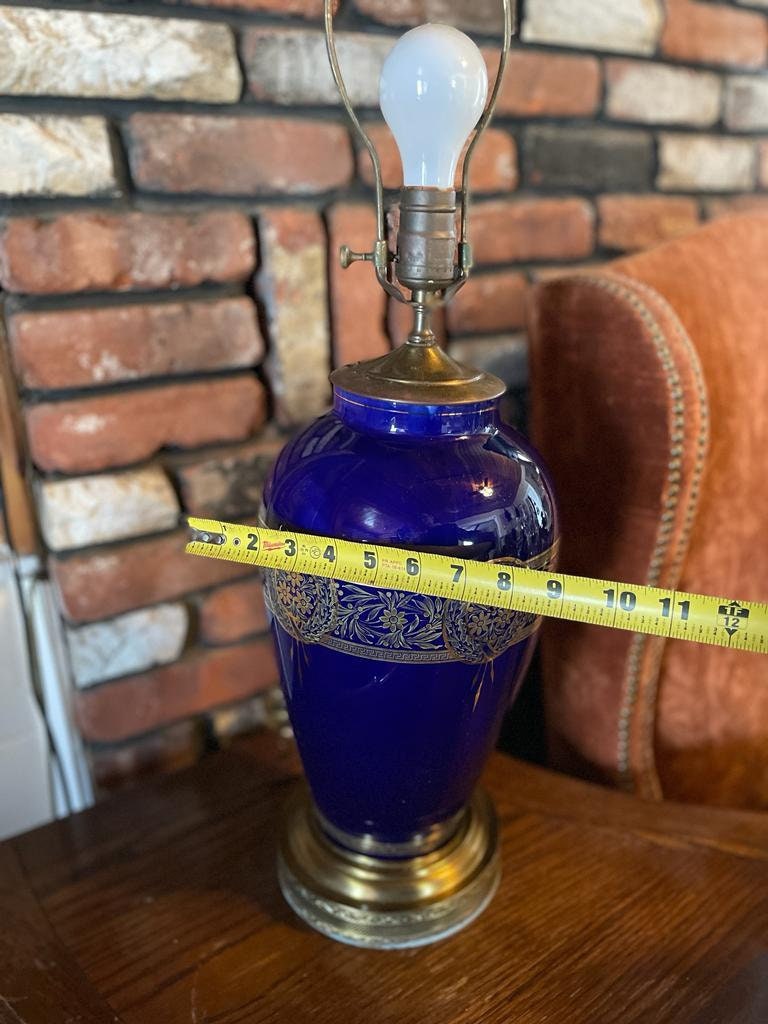 Antique Cobalt Blue Glass Table Lamp Gilt Floral Design Brass Base Elegant Lighting French Style Accent Vintage Home Decoration Unique Piece