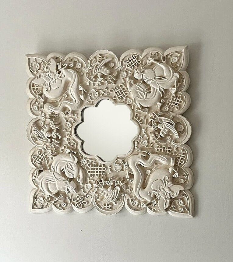 Ornate Carved Wall Mirror Square Decorative Frame Vintage Asian Style White Art Panel Wood Sculpture Floral Dragon Phoenix Symbolic Decor