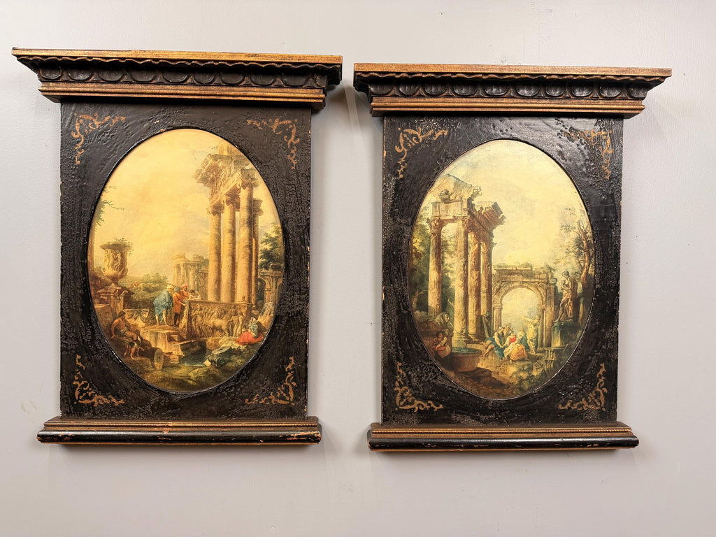 Vintage Pair Neoclassical Grand Tour Wall Panels Roman Ruins Architectural Prints Framed Art