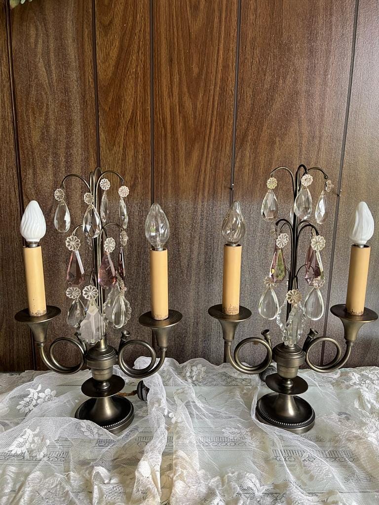 Vintage Crystal Drop Electric Candelabra Pair Elegant French Style Table Lamps Brass Base Chic Lighting Accent Romantic Decor Statement